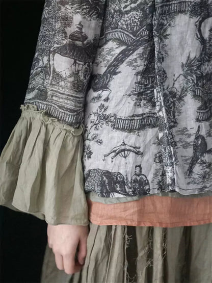 Retro-Bluse aus Baumwoll-Leinen-Mischgewebe mit Print und Glockenärmeln für Damen – Sommer
