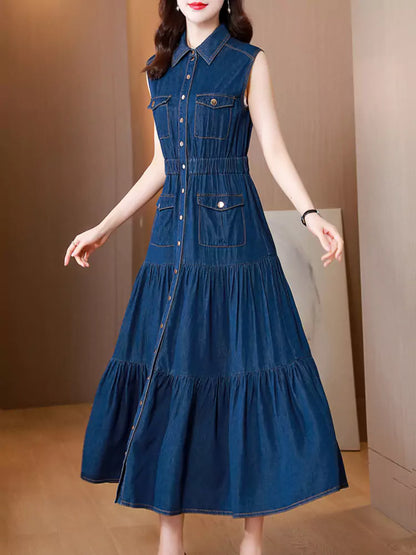 Women's Sleeveless Denim High Waist Belted Long Tiered Shirt Dress