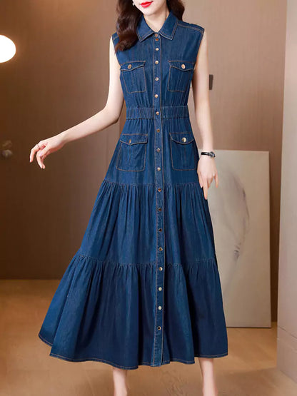 Women's Sleeveless Denim High Waist Belted Long Tiered Shirt Dress