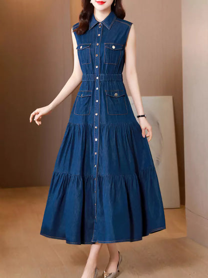 Women's Sleeveless Denim High Waist Belted Long Tiered Shirt Dress