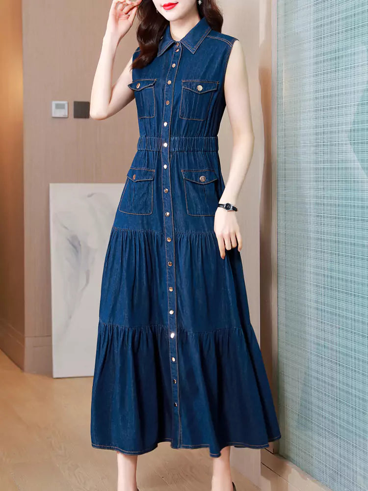 Women's Sleeveless Denim High Waist Belted Long Tiered Shirt Dress