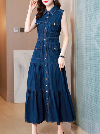 Women's Sleeveless Denim High Waist Belted Long Tiered Shirt Dress