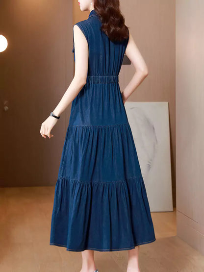 Women's Sleeveless Denim High Waist Belted Long Tiered Shirt Dress