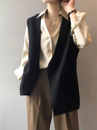 Ärmellose Damen-Arbeitsweste in Kaffeebraun, kragenlos, mit Rückenschlitz