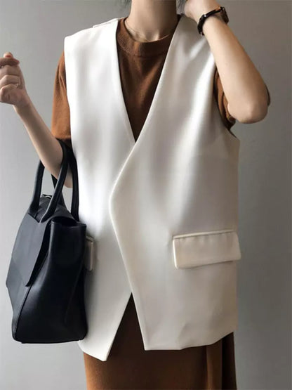 Ärmellose Damen-Arbeitsweste in Kaffeebraun, kragenlos, mit Rückenschlitz