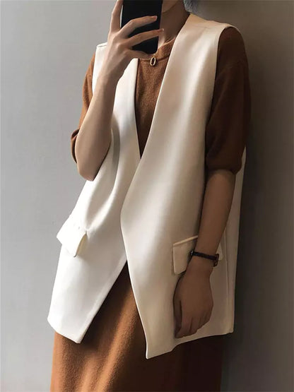 Ärmellose Damen-Arbeitsweste in Kaffeebraun, kragenlos, mit Rückenschlitz