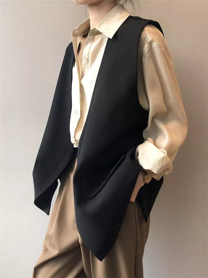 Ärmellose Damen-Arbeitsweste in Kaffeebraun, kragenlos, mit Rückenschlitz