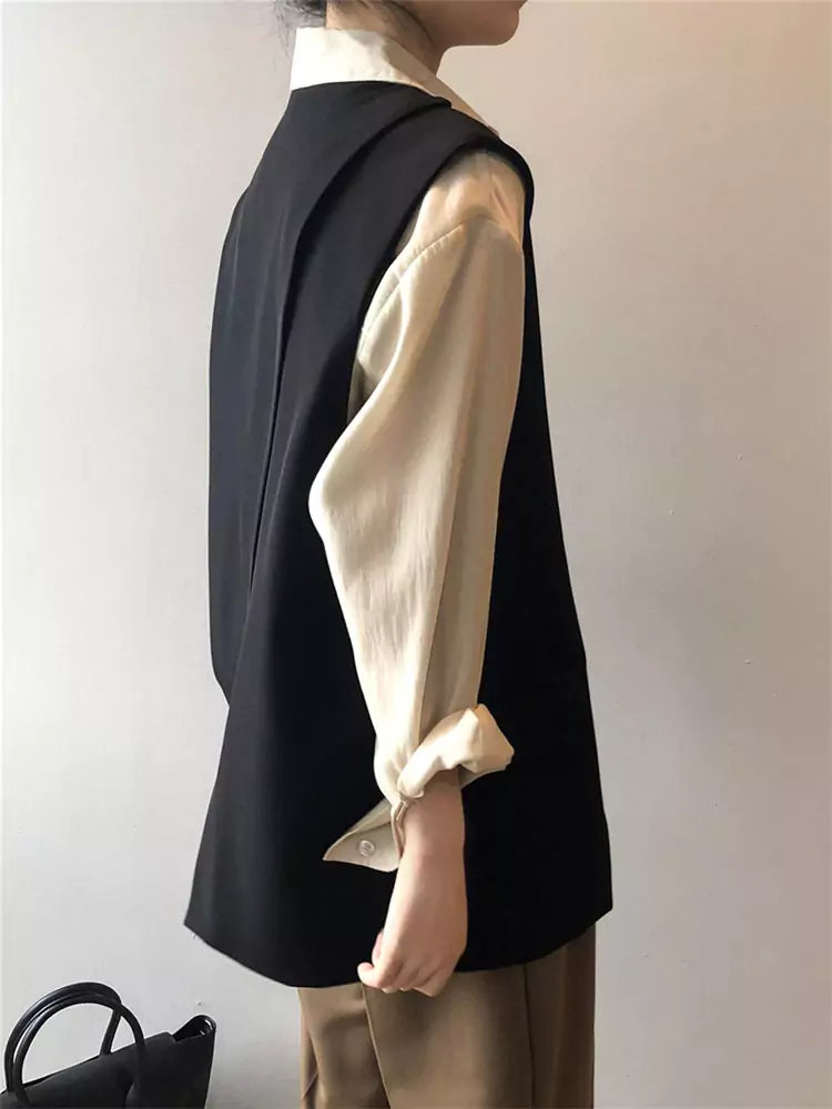 Women's Coffee Sleeveless Work-wear Vest Collarless Back Slit