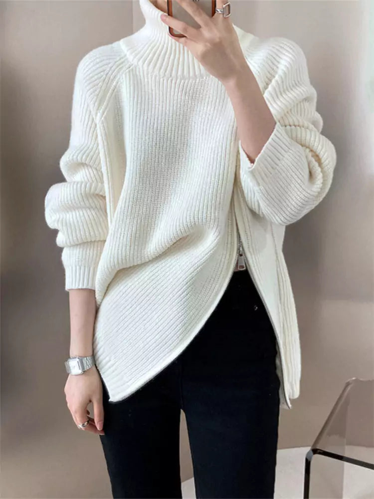 Women's Soft Knit High Neck Double Zipper Sweater