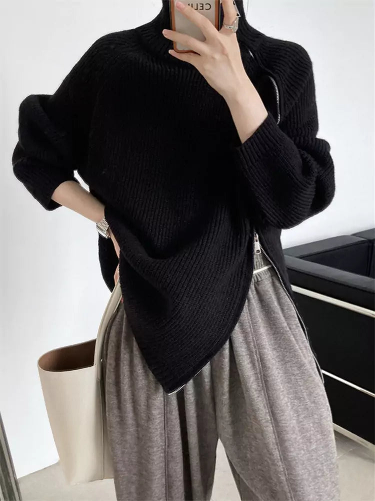 Women's Soft Knit High Neck Double Zipper Sweater