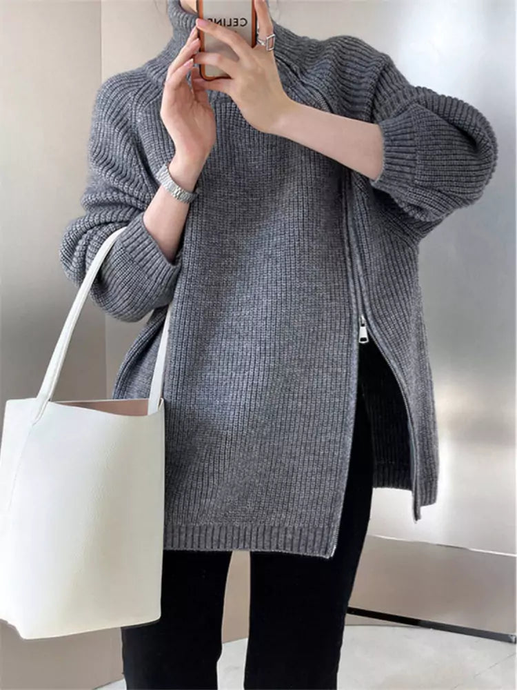 Women's Soft Knit High Neck Double Zipper Sweater