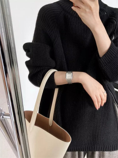 Suéter de punto suave con cuello alto y doble cremallera para mujer