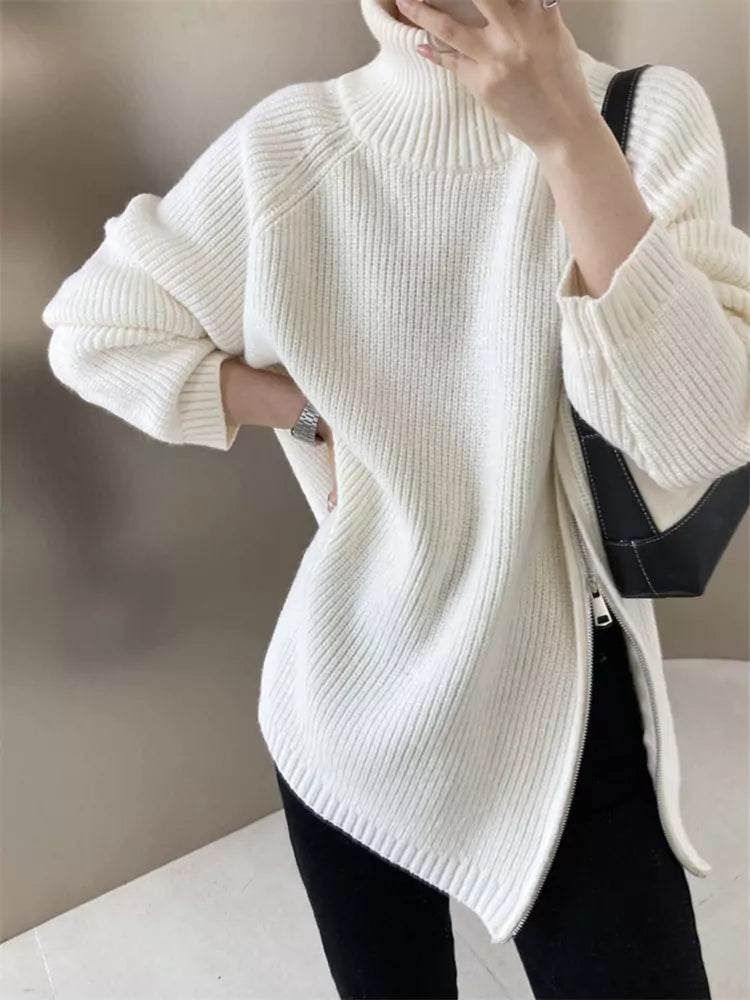 Women's Soft Knit High Neck Double Zipper Sweater