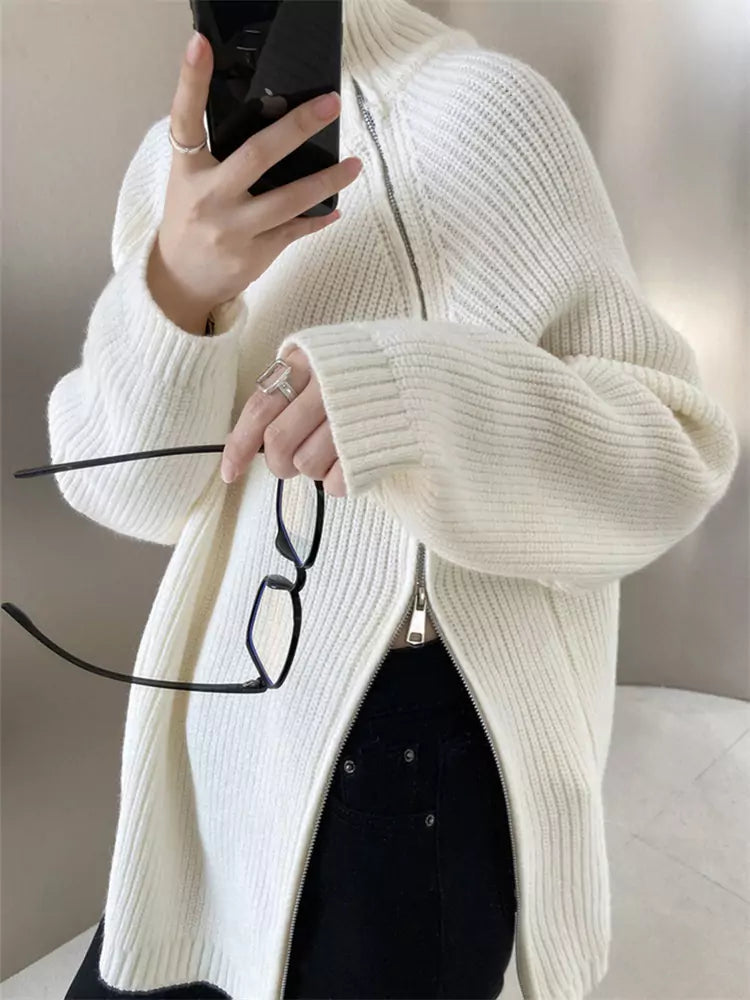 Women's Soft Knit High Neck Double Zipper Sweater