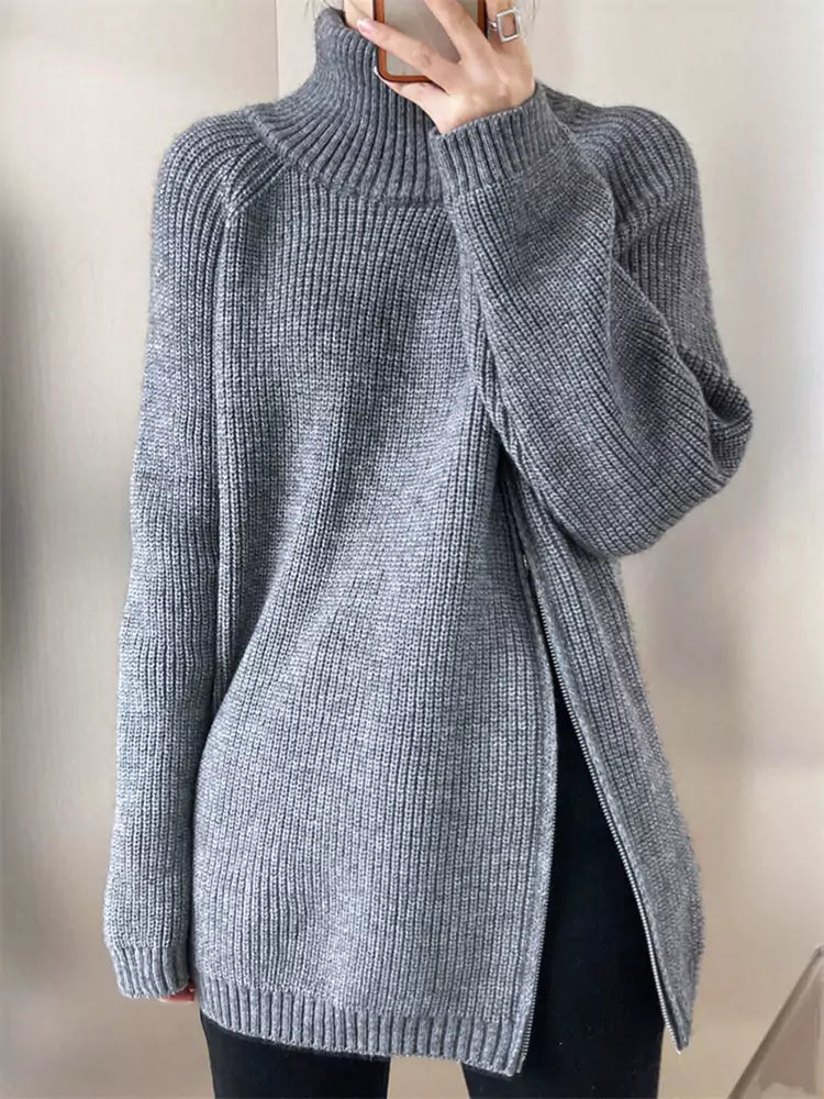 Women's Soft Knit High Neck Double Zipper Sweater