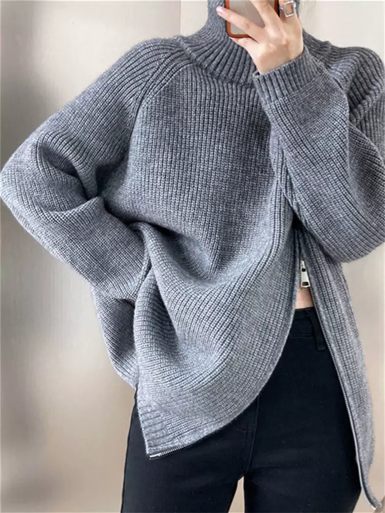 Women's Soft Knit High Neck Double Zipper Sweater