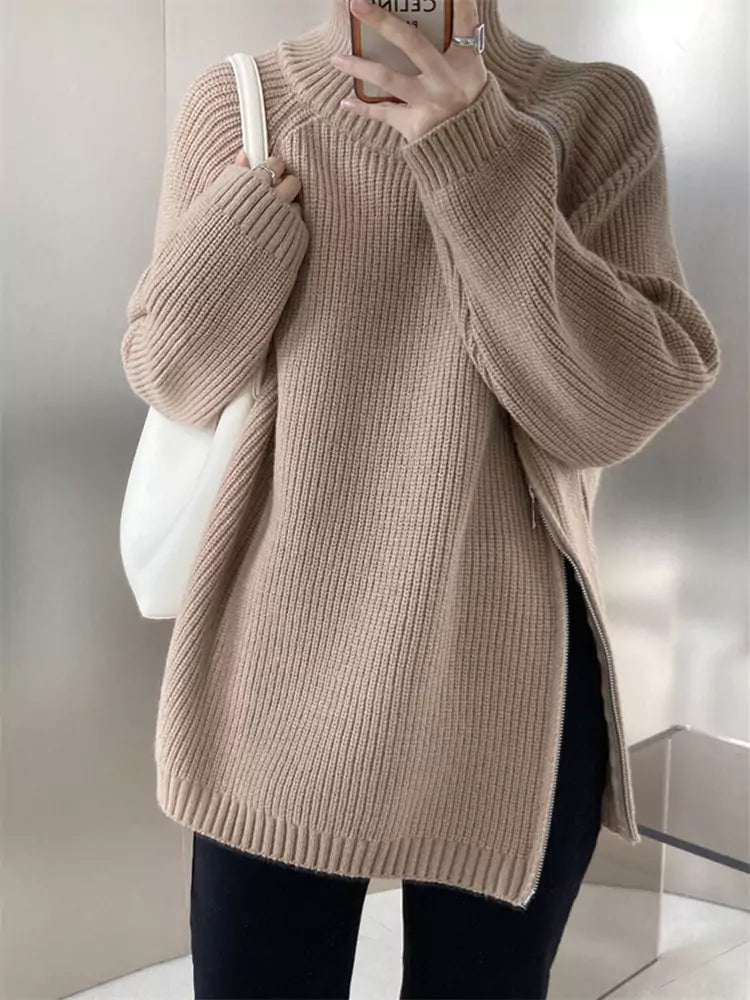 Women's Soft Knit High Neck Double Zipper Sweater