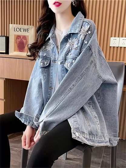 Damen-Jeansjacke mit Perlenverzierung, neues Design für Frühling/Herbst