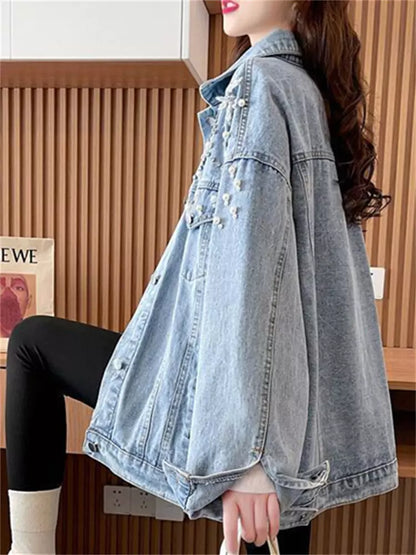 Damen-Jeansjacke mit Perlenverzierung, neues Design für Frühling/Herbst