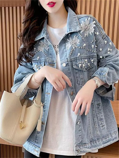 Damen-Jeansjacke mit Perlenverzierung, neues Design für Frühling/Herbst