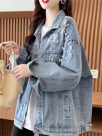 Damen-Jeansjacke mit Perlenverzierung, neues Design für Frühling/Herbst