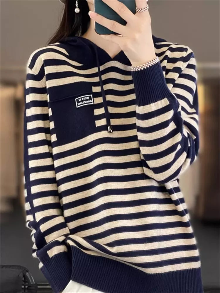 Damen-Strickpullover mit Kapuze und Streifen