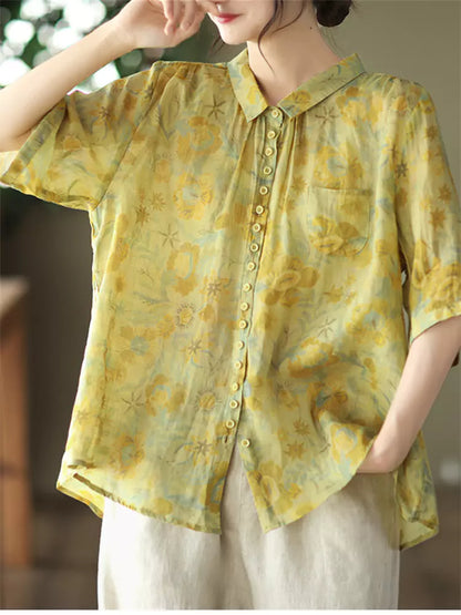 Women's Ramie Retro Floral Print Blouse Short Sleeve
