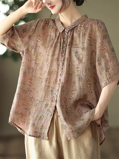 Women's Ramie Retro Floral Print Blouse Short Sleeve
