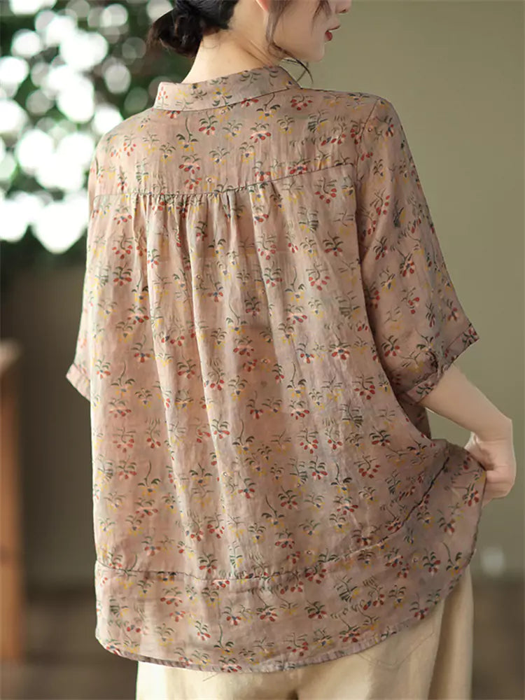 Women's Ramie Retro Floral Print Blouse Short Sleeve