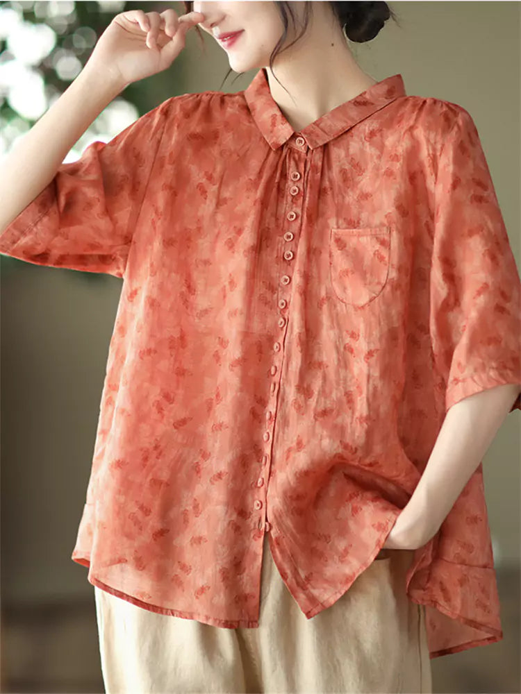 Women's Ramie Retro Floral Print Blouse Short Sleeve