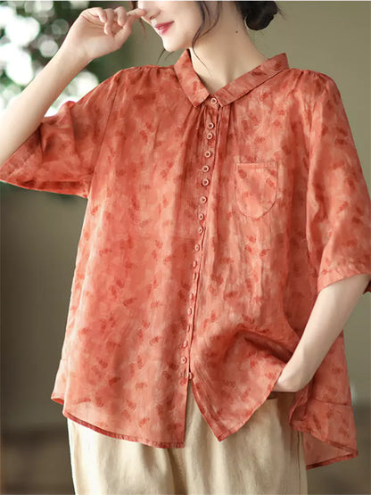 Women's Ramie Retro Floral Print Blouse Short Sleeve