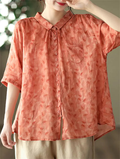 Women's Ramie Retro Floral Print Blouse Short Sleeve