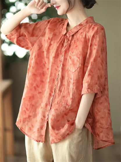 Women's Ramie Retro Floral Print Blouse Short Sleeve