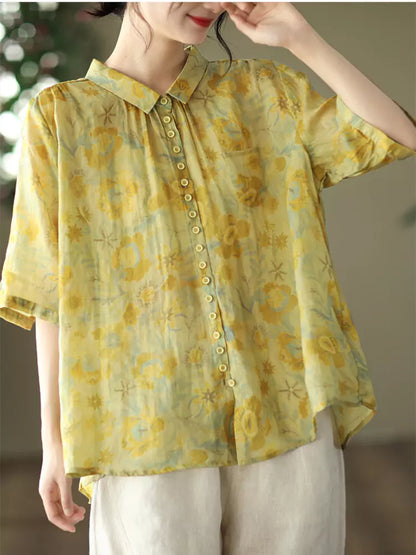 Women's Ramie Retro Floral Print Blouse Short Sleeve