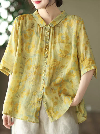 Women's Ramie Retro Floral Print Blouse Short Sleeve