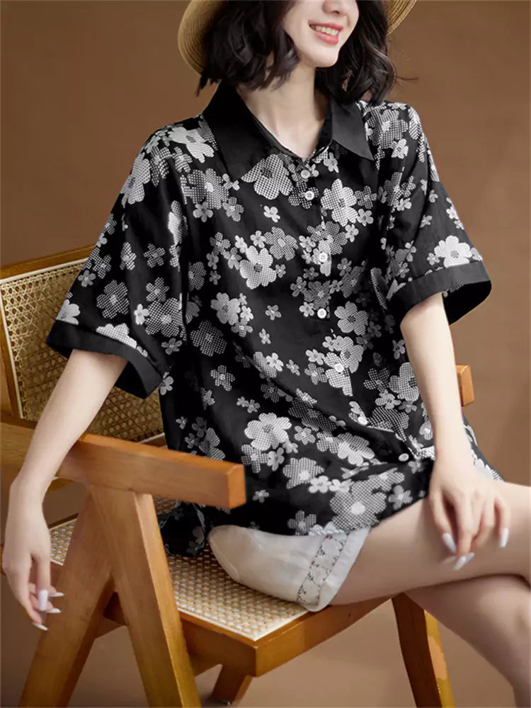 Vintage-Chic Damen-Kurzarmbluse aus bedrucktem Baumwoll-Leinen-Mischgewebe