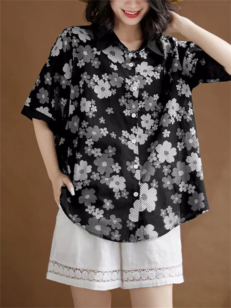 Vintage-Chic Damen-Kurzarmbluse aus bedrucktem Baumwoll-Leinen-Mischgewebe