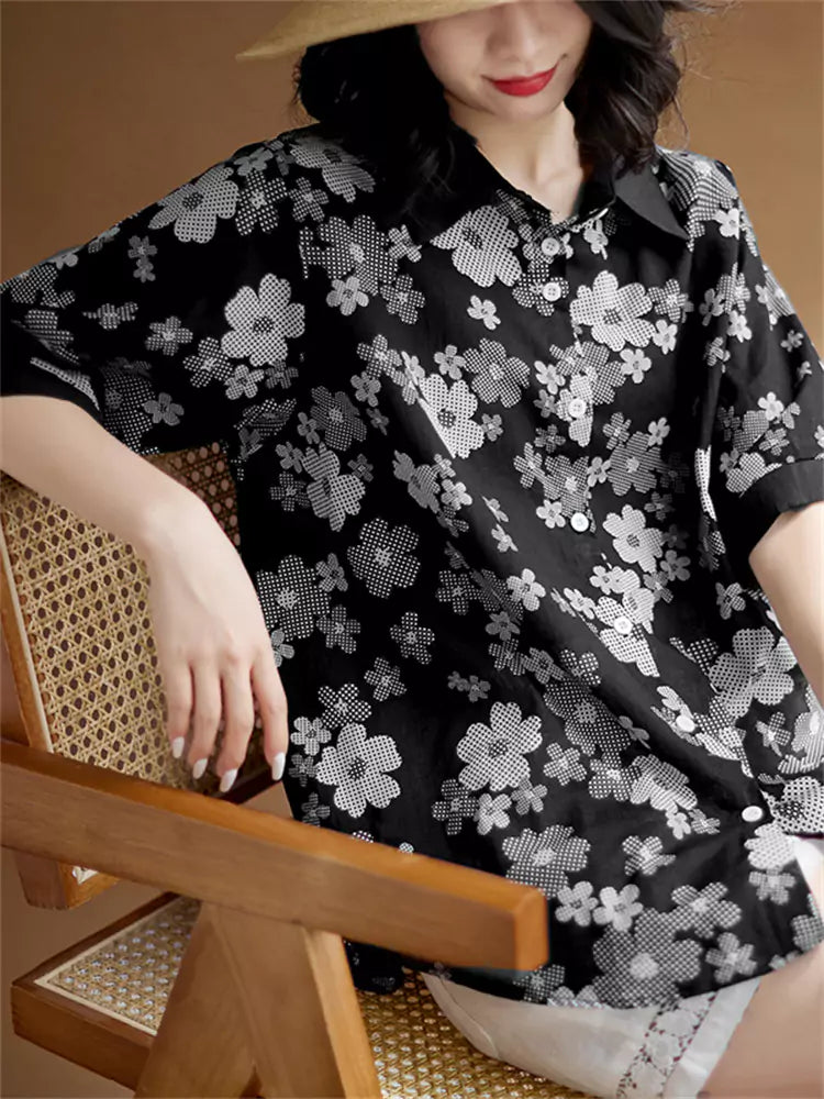Vintage-Chic Damen-Kurzarmbluse aus bedrucktem Baumwoll-Leinen-Mischgewebe