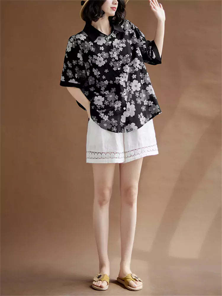 Vintage-Chic Damen-Kurzarmbluse aus bedrucktem Baumwoll-Leinen-Mischgewebe
