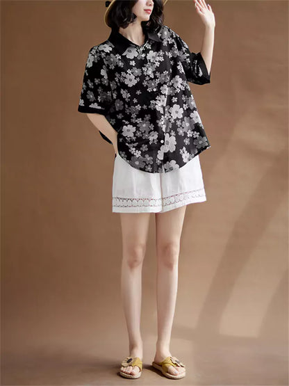 Women's Vintage Chic Cotton Linen Printed Short Sleeve Shirt