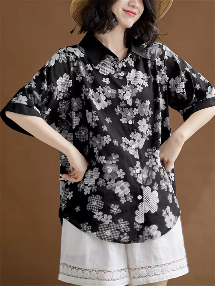 Vintage-Chic Damen-Kurzarmbluse aus bedrucktem Baumwoll-Leinen-Mischgewebe