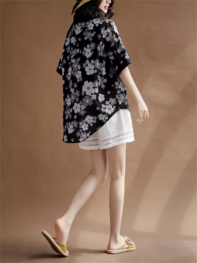 Vintage-Chic Damen-Kurzarmbluse aus bedrucktem Baumwoll-Leinen-Mischgewebe