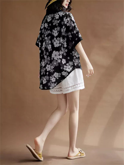 Women's Vintage Chic Cotton Linen Printed Short Sleeve Shirt