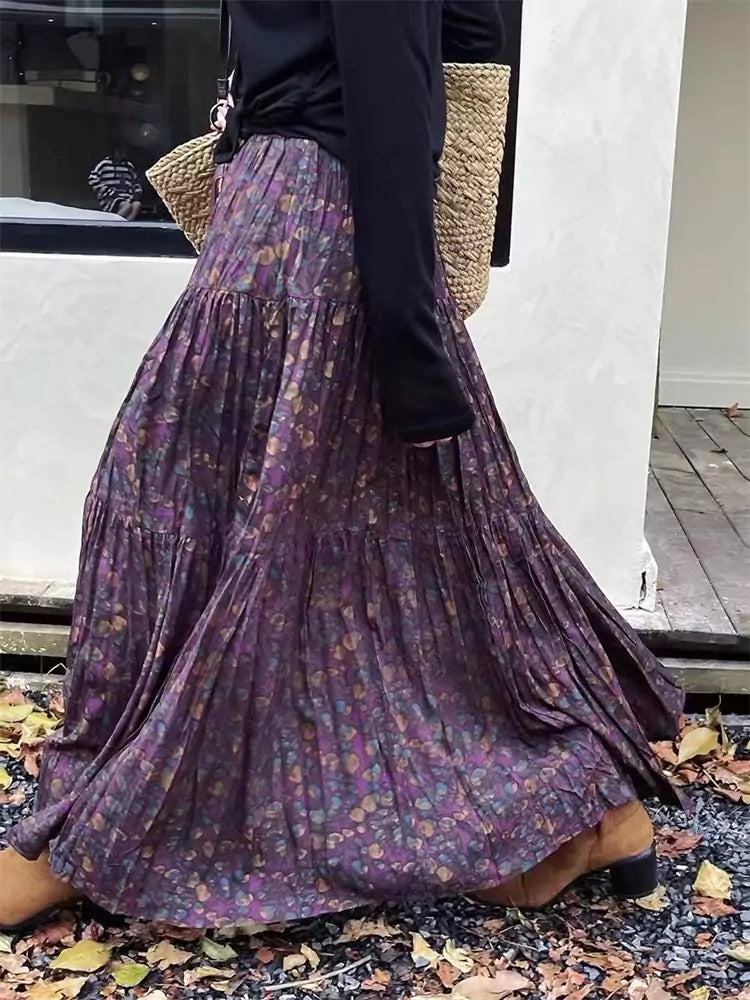 Falda larga vintage plisada con estampado floral y cintura alta para mujer