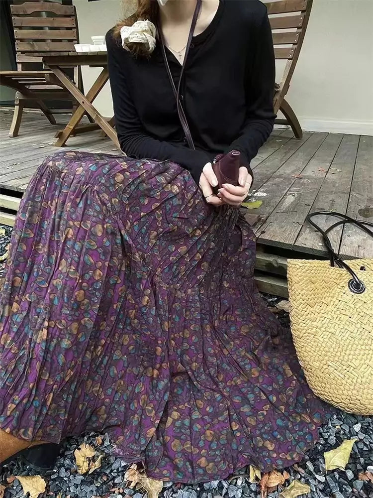 Falda larga vintage plisada con estampado floral y cintura alta para mujer