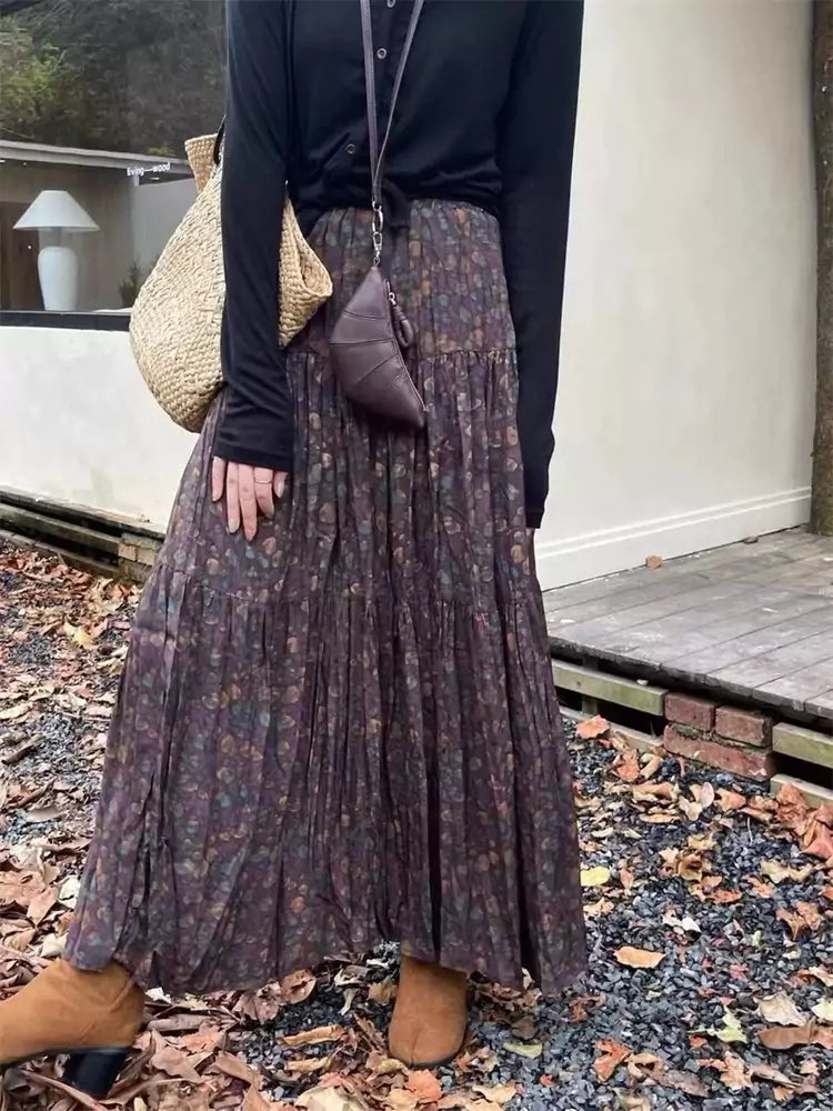 Falda larga vintage plisada con estampado floral y cintura alta para mujer