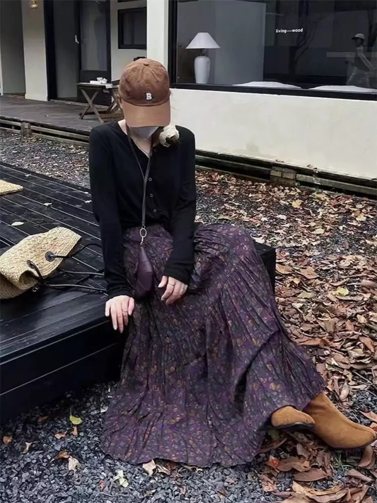 Falda larga vintage plisada con estampado floral y cintura alta para mujer