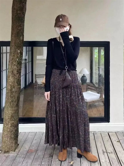 Vintage-Maxirock mit Falten, Blumenmuster, hohem Bund und A-Linien-Schnitt für Damen