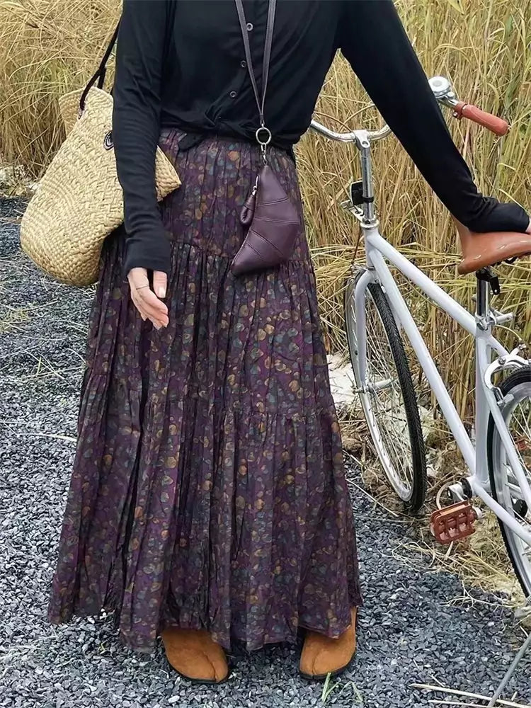 Falda larga vintage plisada con estampado floral y cintura alta para mujer