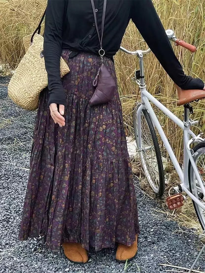 Vintage-Maxirock mit Falten, Blumenmuster, hohem Bund und A-Linien-Schnitt für Damen